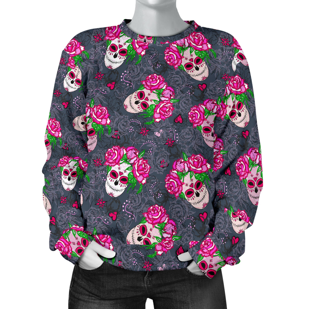 Sugar Skull Pink Rose Themed Print Women Long Sleeve Sweatshirt