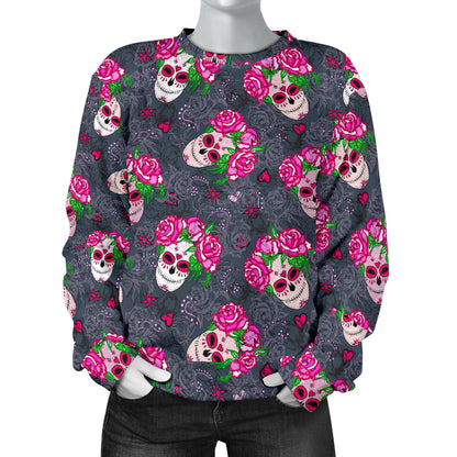 Sugar Skull Pink Rose Themed Print Women Long Sleeve Sweatshirt