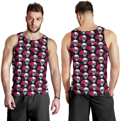 Pink Rose Skull Themed Print Men Tank Top