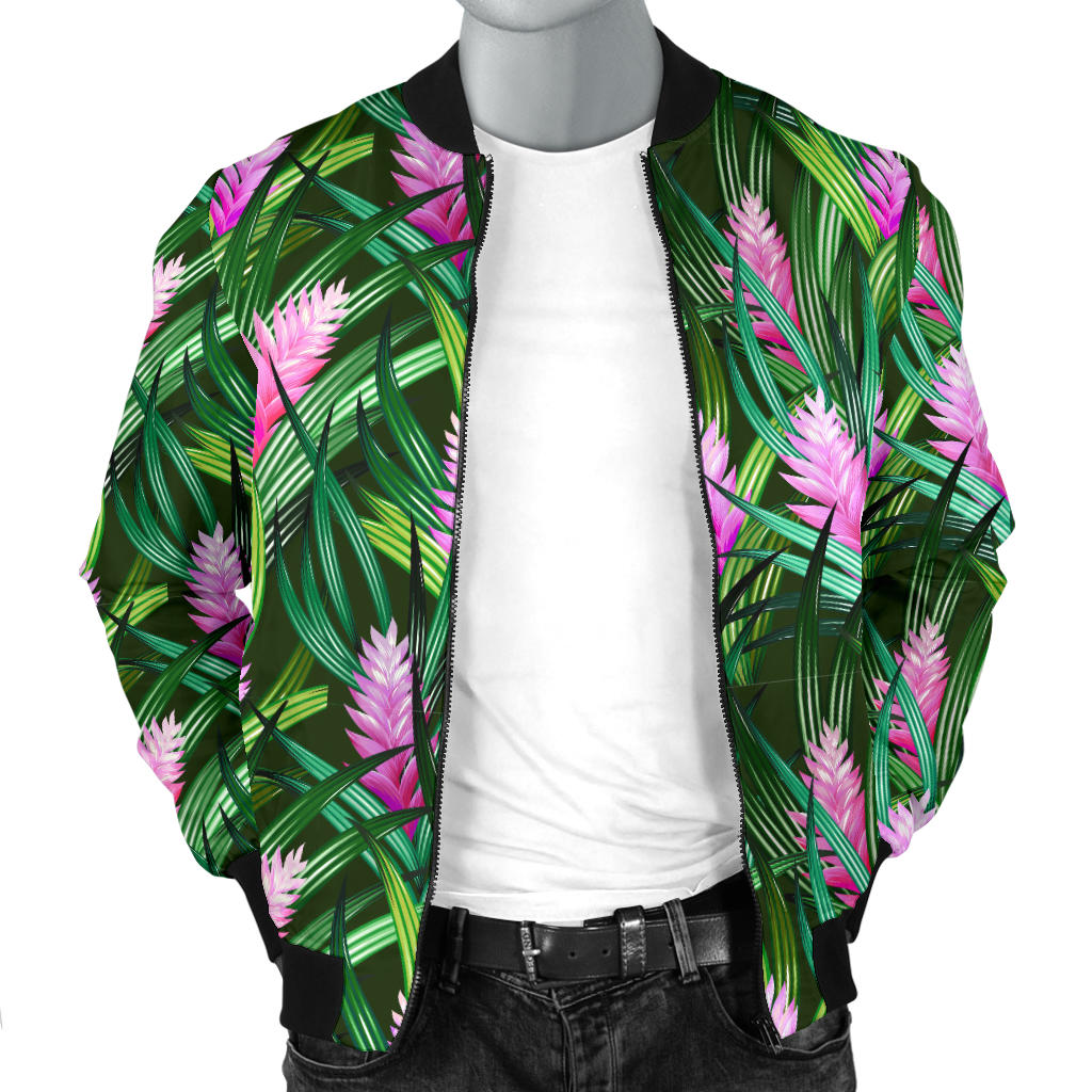 Tropical Folower Pink Heliconia Print Men Bomber Jacket