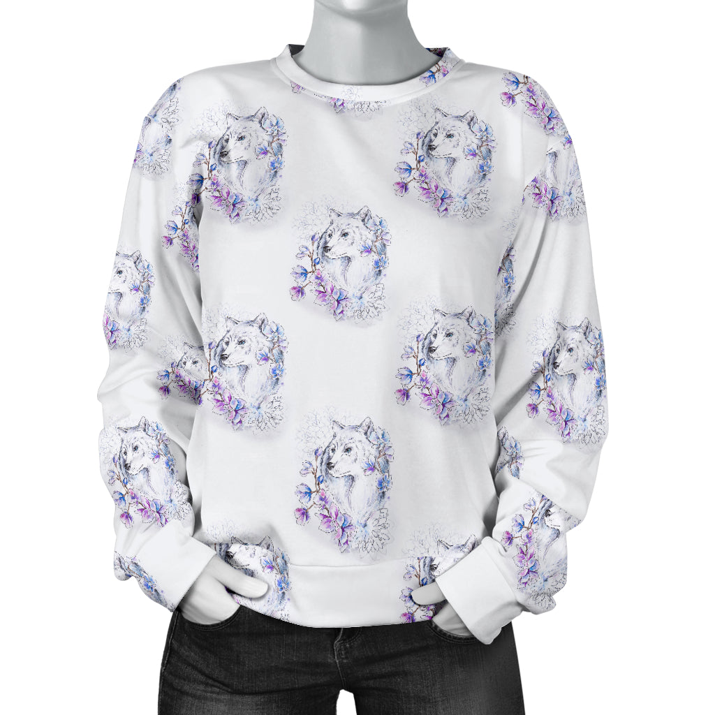 Wolf with Flower Print Design Women Long Sleeve Sweatshirt