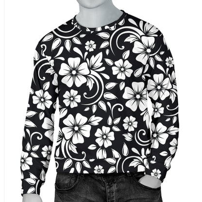 Floral Black White Themed Print Men Long Sleeve Sweatshirt