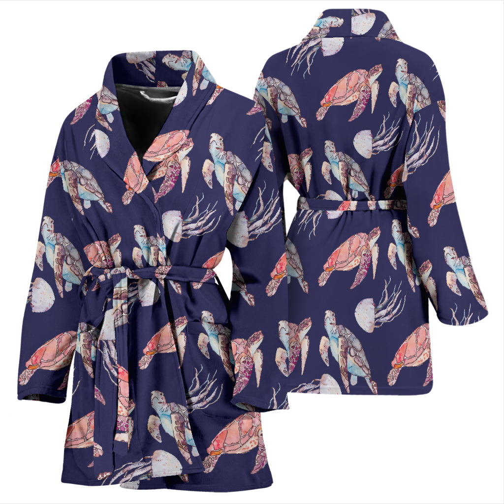 Sea Turtle With Jelly Fish Print Design LKS301 Women Bathrobe