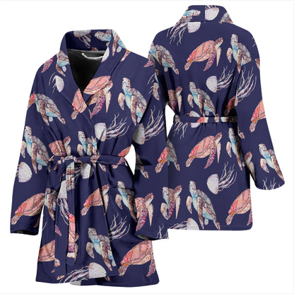 Sea Turtle With Jelly Fish Print Design LKS301 Women Bathrobe