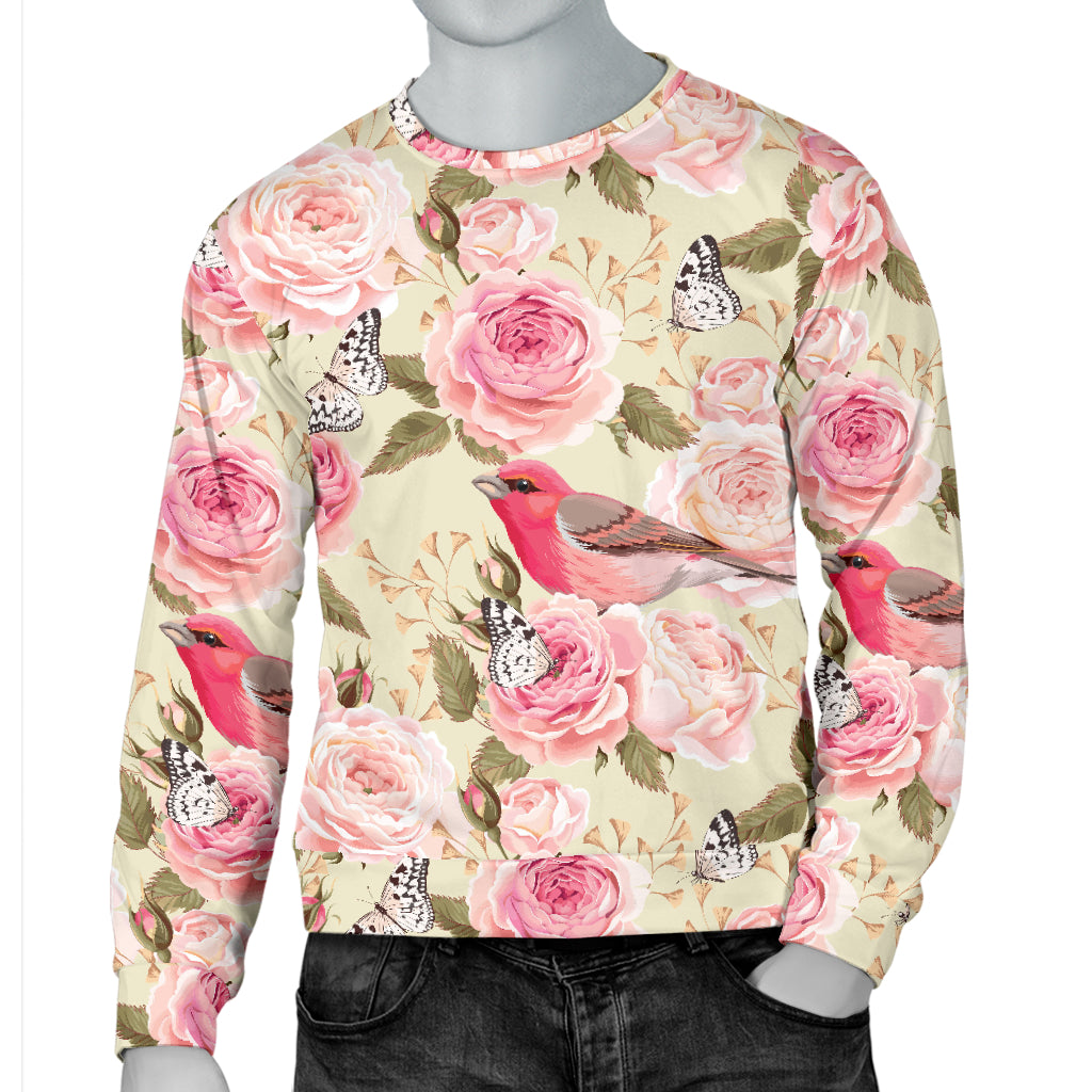 Bird Butterfly Pink Flower Print Pattern Men Long Sleeve Sweatshirt