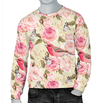 Bird Butterfly Pink Flower Print Pattern Men Long Sleeve Sweatshirt