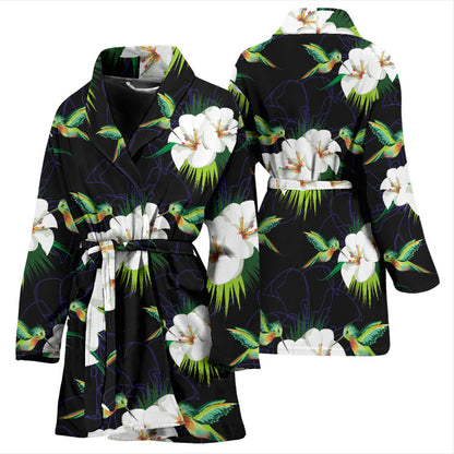 Hummingbird with Flower Pattern Print Design 03 Women Bathrobe