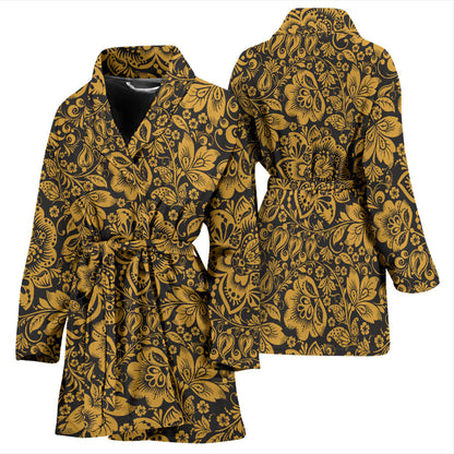 Brocade Gold Pattern Print Design 01 Women Bathrobe