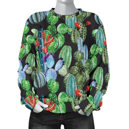 Cactus Watercolor Style Print Women Long Sleeve Sweatshirt