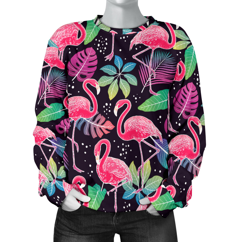 Flamingo Tropical leaves Neon Print Women Long Sleeve Sweatshirt