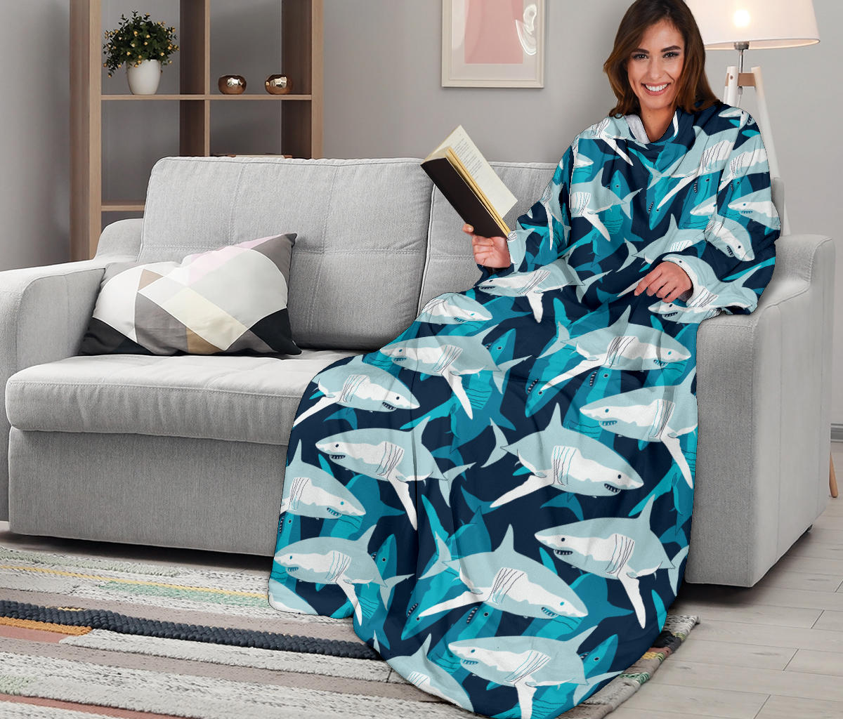 Shark Design Print Adult Sleeve Blanket