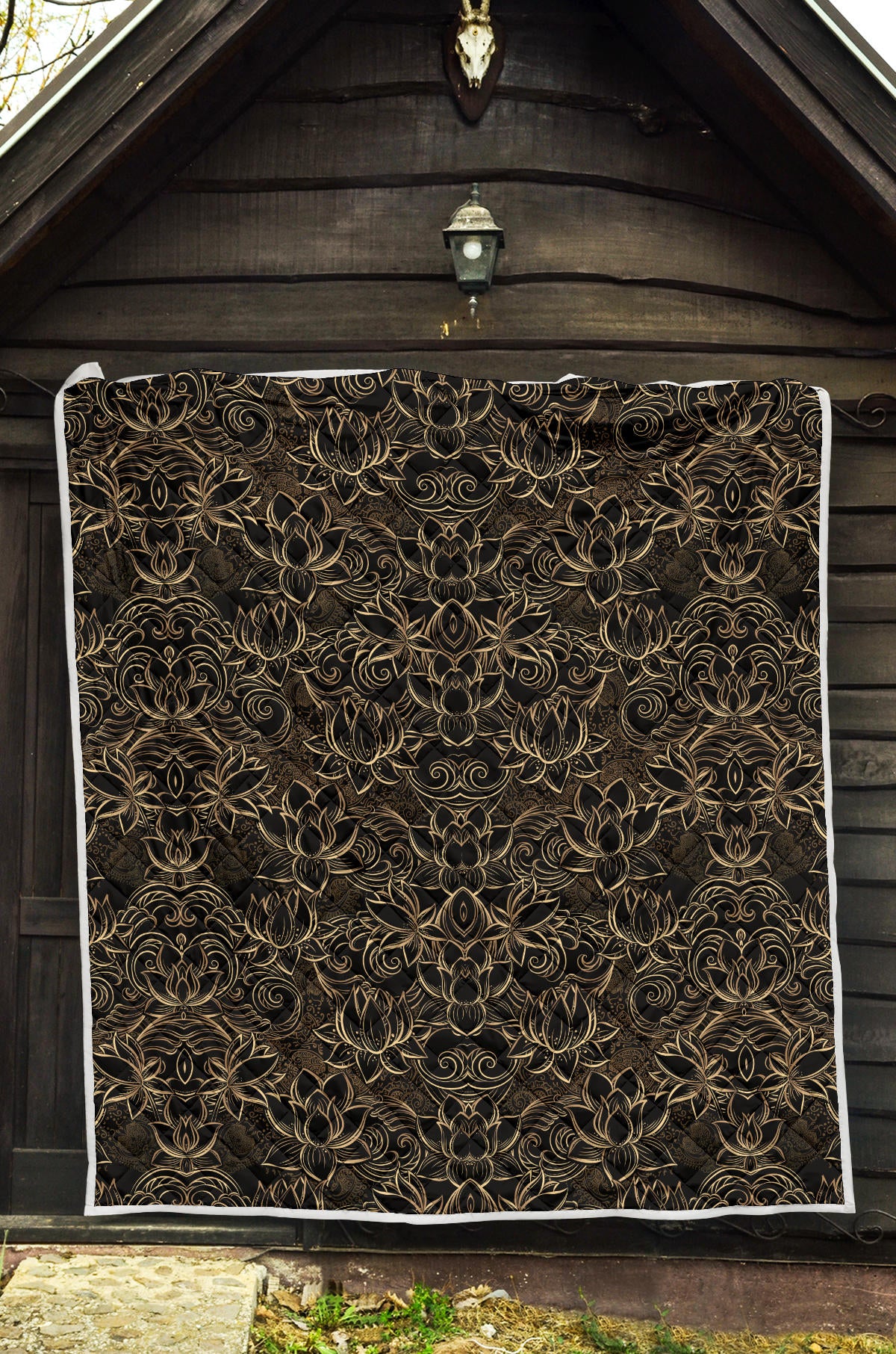Lotus Gold Mandala Design Themed Quilt Bedspread