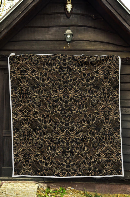 Lotus Gold Mandala Design Themed Quilt Bedspread