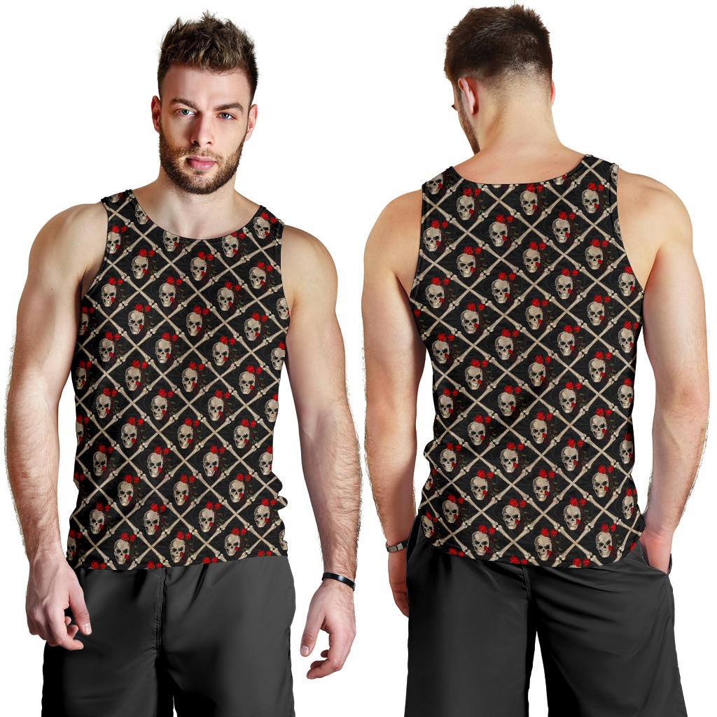 Skull Roses Bone Design Themed Print Men Tank Top