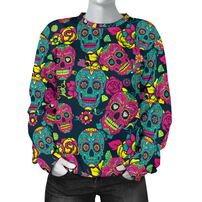 Sugar Skull Floral Design Themed Print Women Long Sleeve Sweatshirt