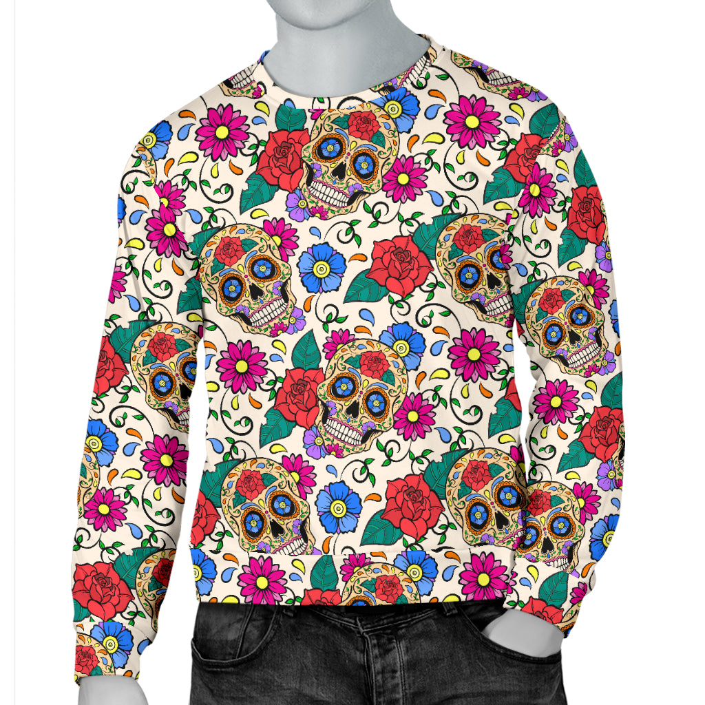 Sugar Skull Colorful Themed Print Men Long Sleeve Sweatshirt