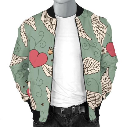 Angel Wings Heart Design Themed Print Men Bomber Jacket