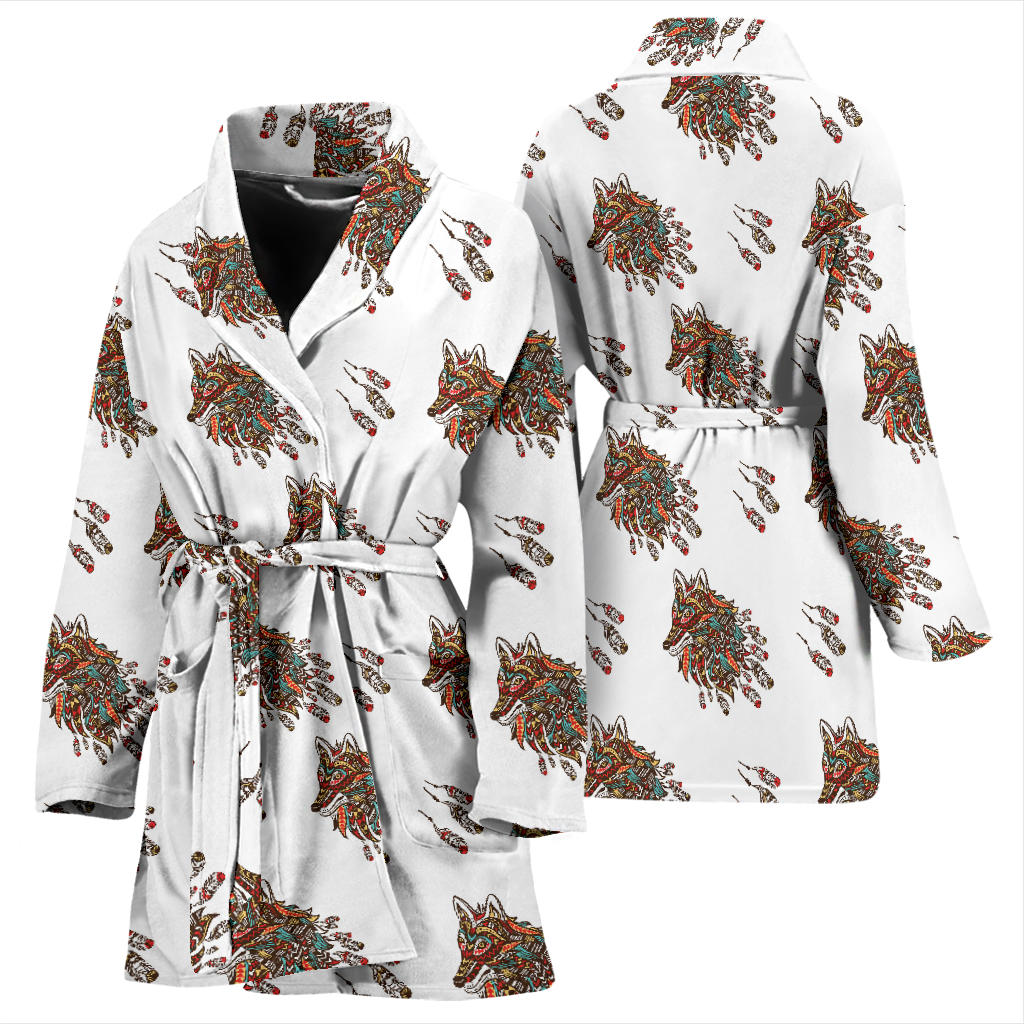 Aztec Wolf Pattern Print Design 02 Women Bathrobe