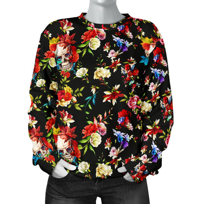 Skull Roses Flower Design Themed Print Women Long Sleeve Sweatshirt