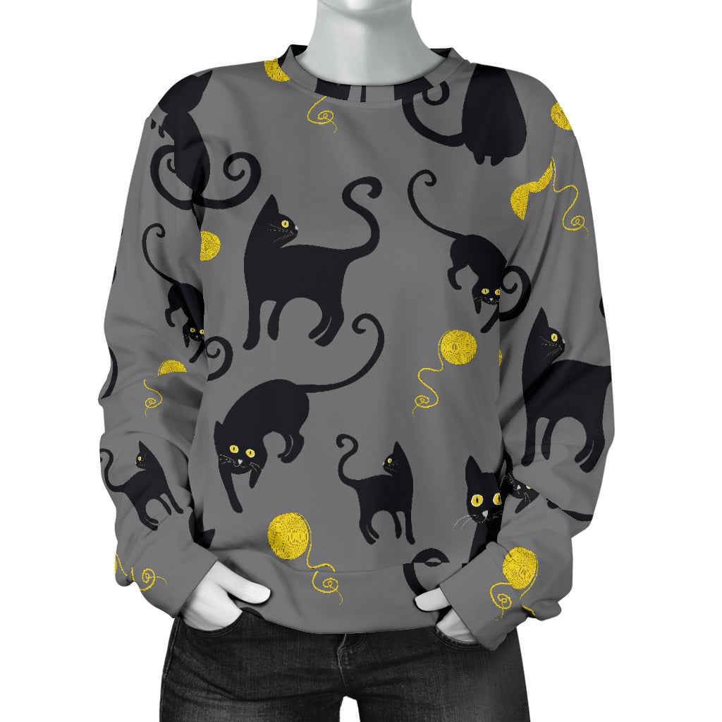 Black Cat Yellow Yarn Print Pattern Women Long Sleeve Sweatshirt