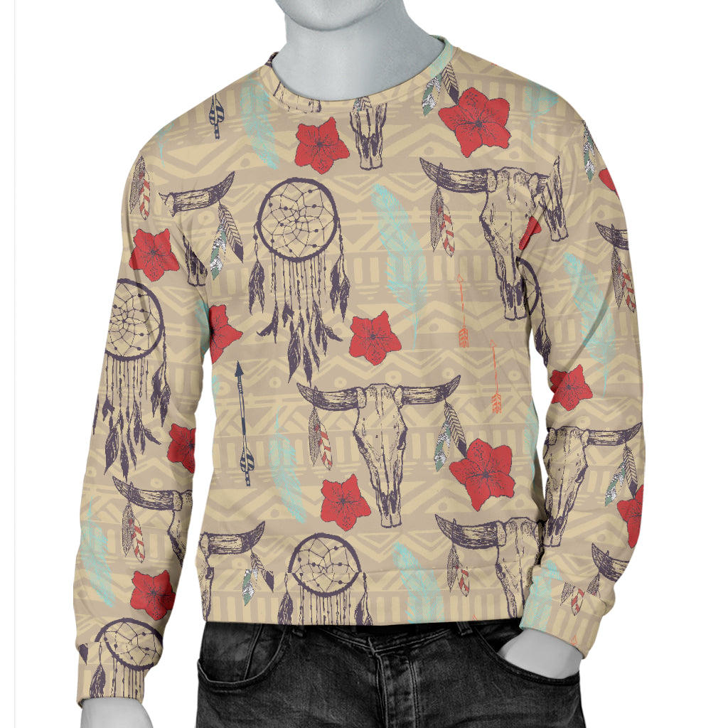 Native Buffalo Head Themed Design Print Men Long Sleeve Sweatshirt