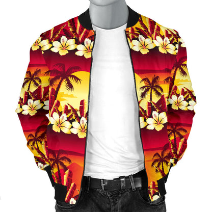Hawaiian Tropical Sunset Hibiscus Print Men Bomber Jacket