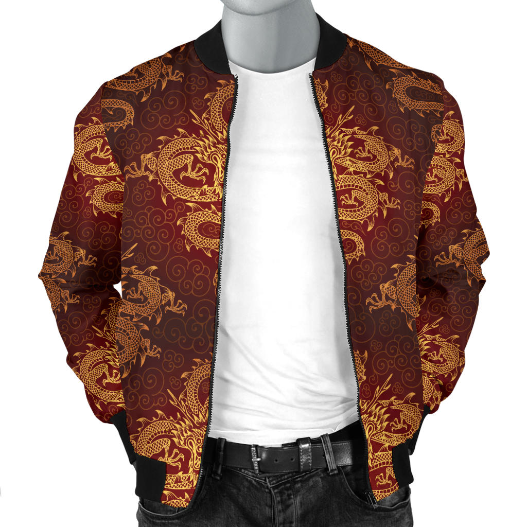 Chinese Dragons Gold Design Men Bomber Jacket