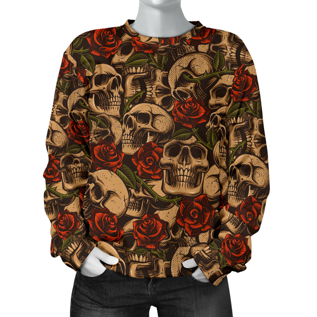 Skull Roses Vintage Design Themed Print Women Long Sleeve Sweatshirt