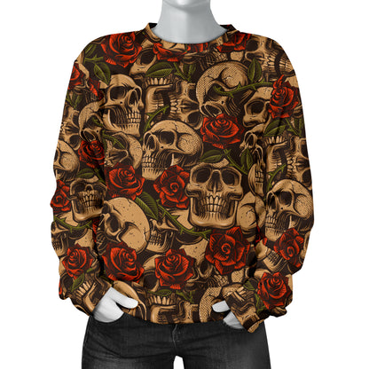 Skull Roses Vintage Design Themed Print Women Long Sleeve Sweatshirt