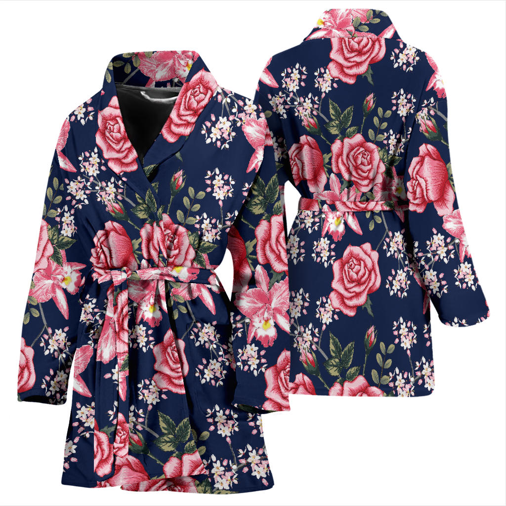 Rose Pattern Print Design A05 Women Bathrobe