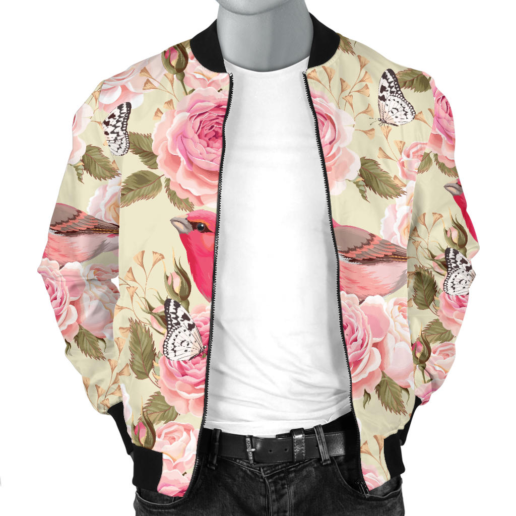 Bird Butterfly Pink Flower Print Pattern Men Bomber Jacket