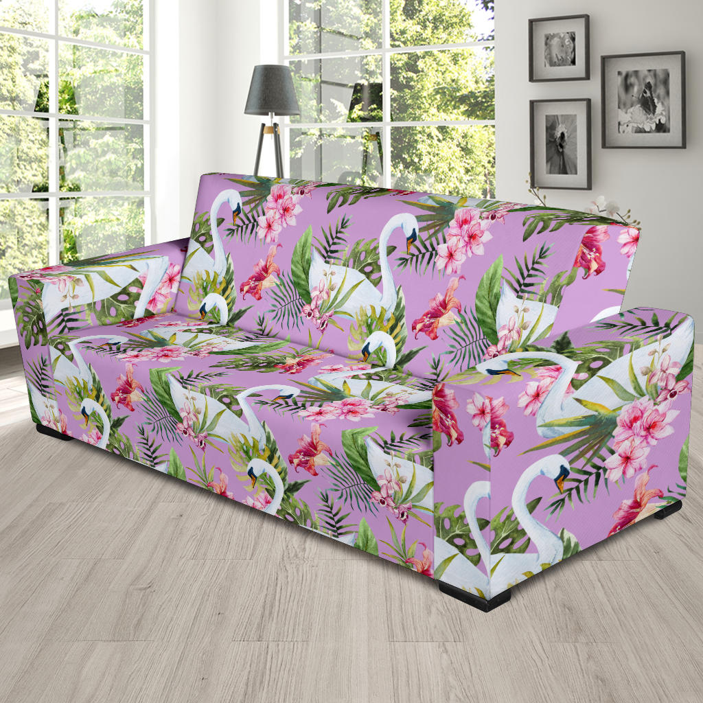 Swan with Flower Pattern Print Design 01 Sofa Slipcover