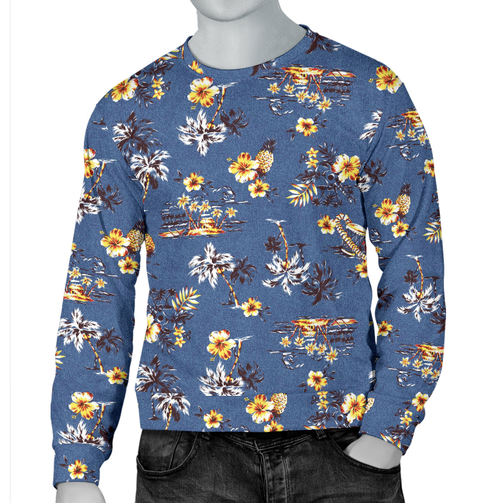 Hawaiian Flower Blue Print Men Long Sleeve Sweatshirt