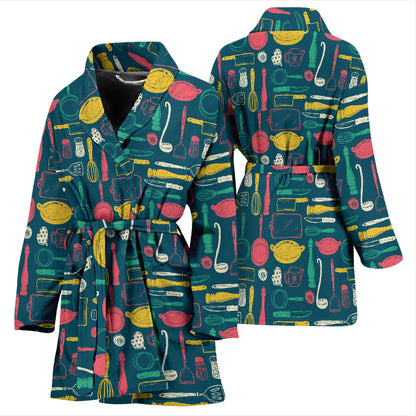 Cooking Kitchen Tools Pattern Print Design 01 Women Bathrobe