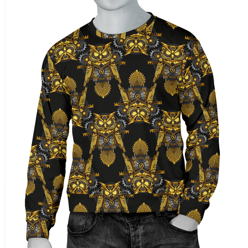 Steampunk Gold Owl Design Themed Print Men Long Sleeve Sweatshirt