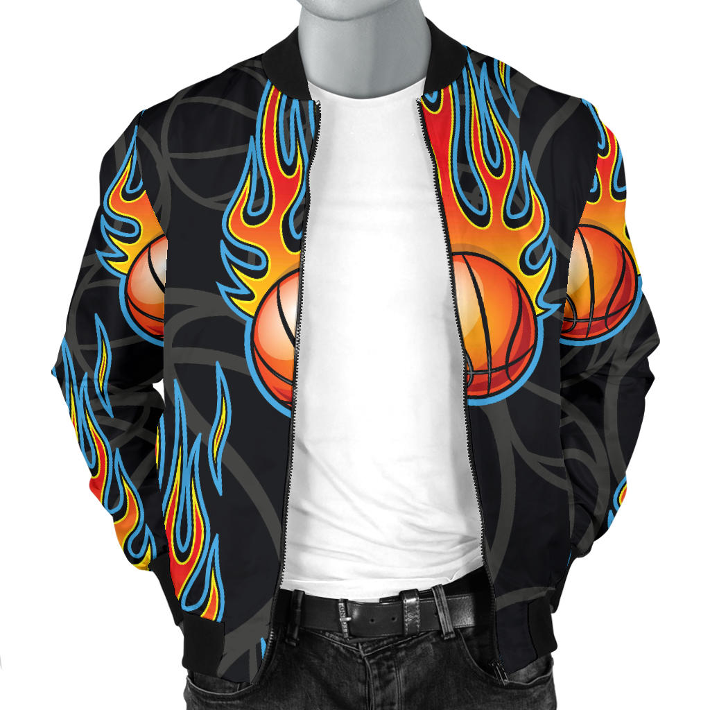 Basketball Fire Print Pattern Men Bomber Jacket