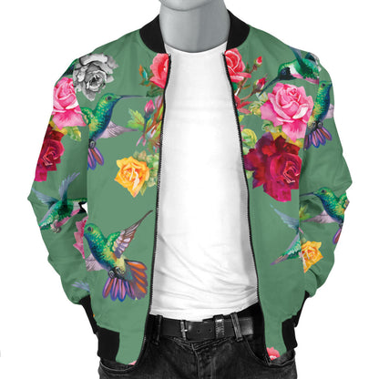Hummingbird with Rose Themed Print Men Bomber Jacket