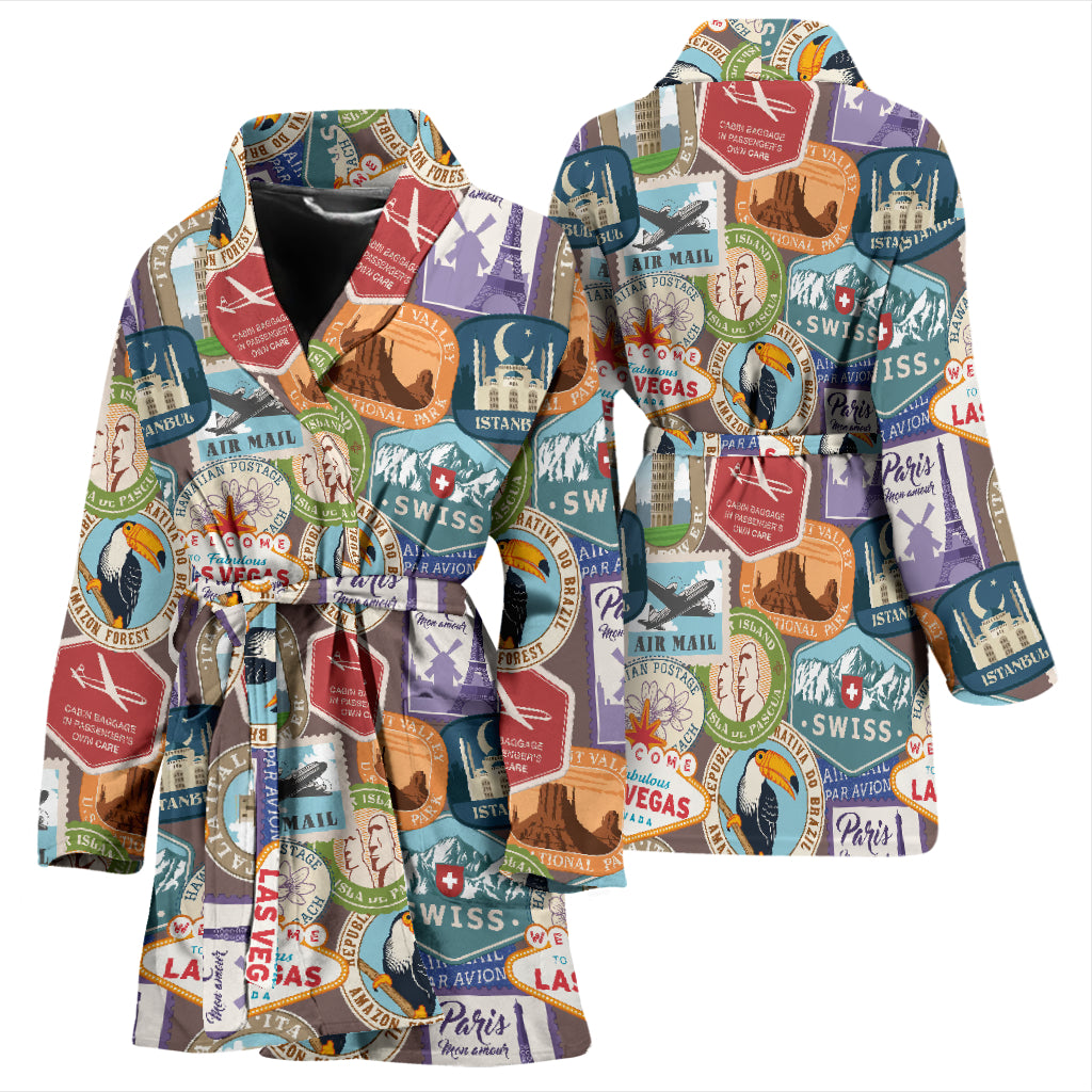 Travel Stamp Print Design LKS301 Women Bathrobe