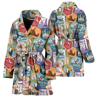 Travel Stamp Print Design LKS301 Women Bathrobe