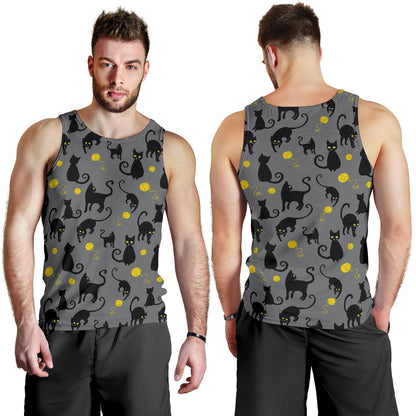 Black Cat Yellow Yarn Print Pattern Men Tank Top
