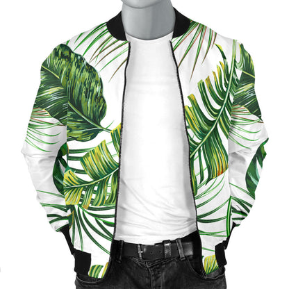 Green Pattern Tropical Palm Leaves Men Bomber Jacket