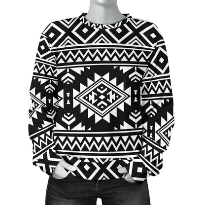 Aztec Black White Print Pattern Women Long Sleeve Sweatshirt