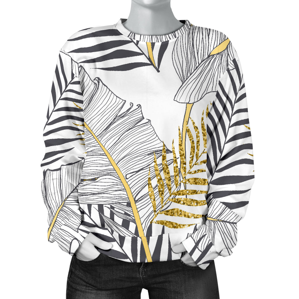 Gold Glitter Tropical Palm Leaves Women Long Sleeve Sweatshirt