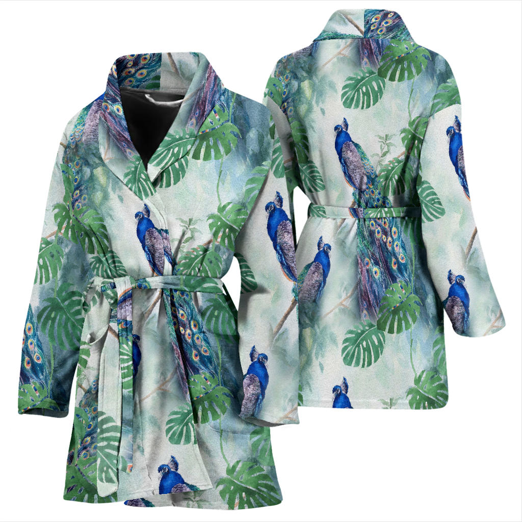 Peacock Pattern Print Design A02 Women Bathrobe