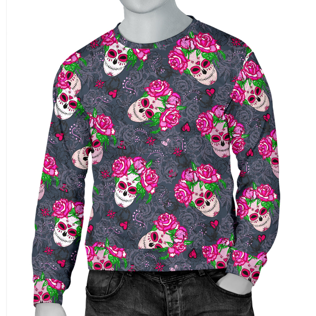 Sugar Skull Pink Rose Themed Print Men Long Sleeve Sweatshirt