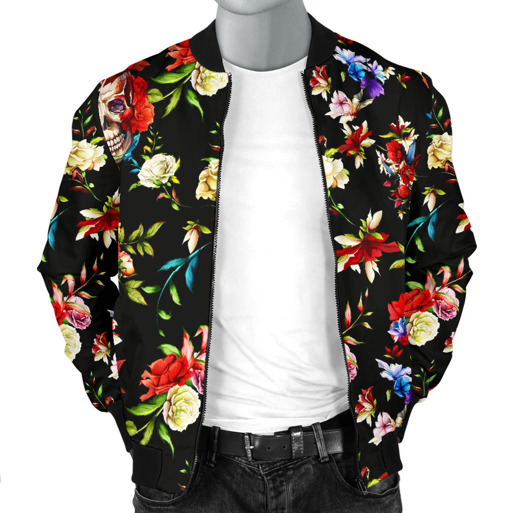 Skull Roses Flower Design Themed Print Men Bomber Jacket