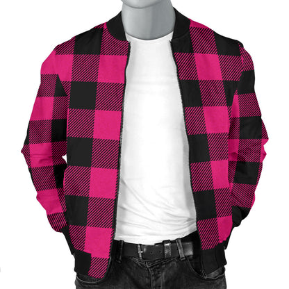 Pink Tartan Plaid Pattern Men Bomber Jacket