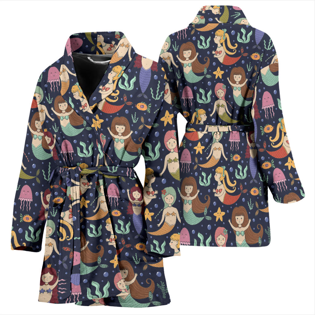 Mermaid Cartoon Pattern Print Design 03 Women Bathrobe