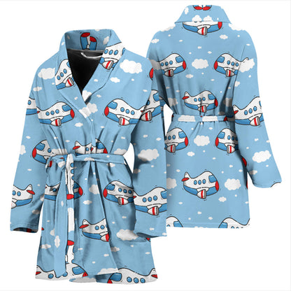 Airplane Cartoon Pattern Print Design 07 Women Bathrobe
