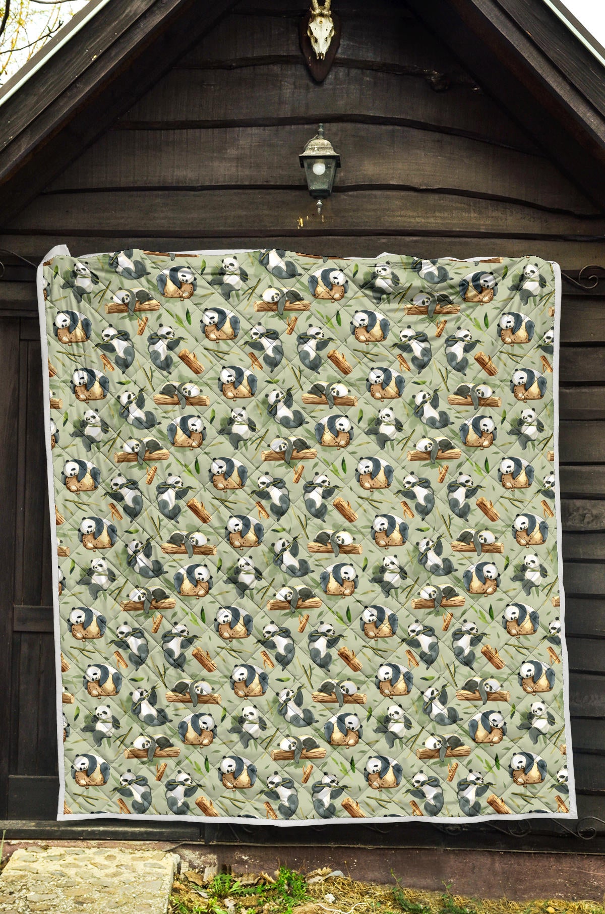 Panda Bear Design Bamboo Print Quilt Bedspread